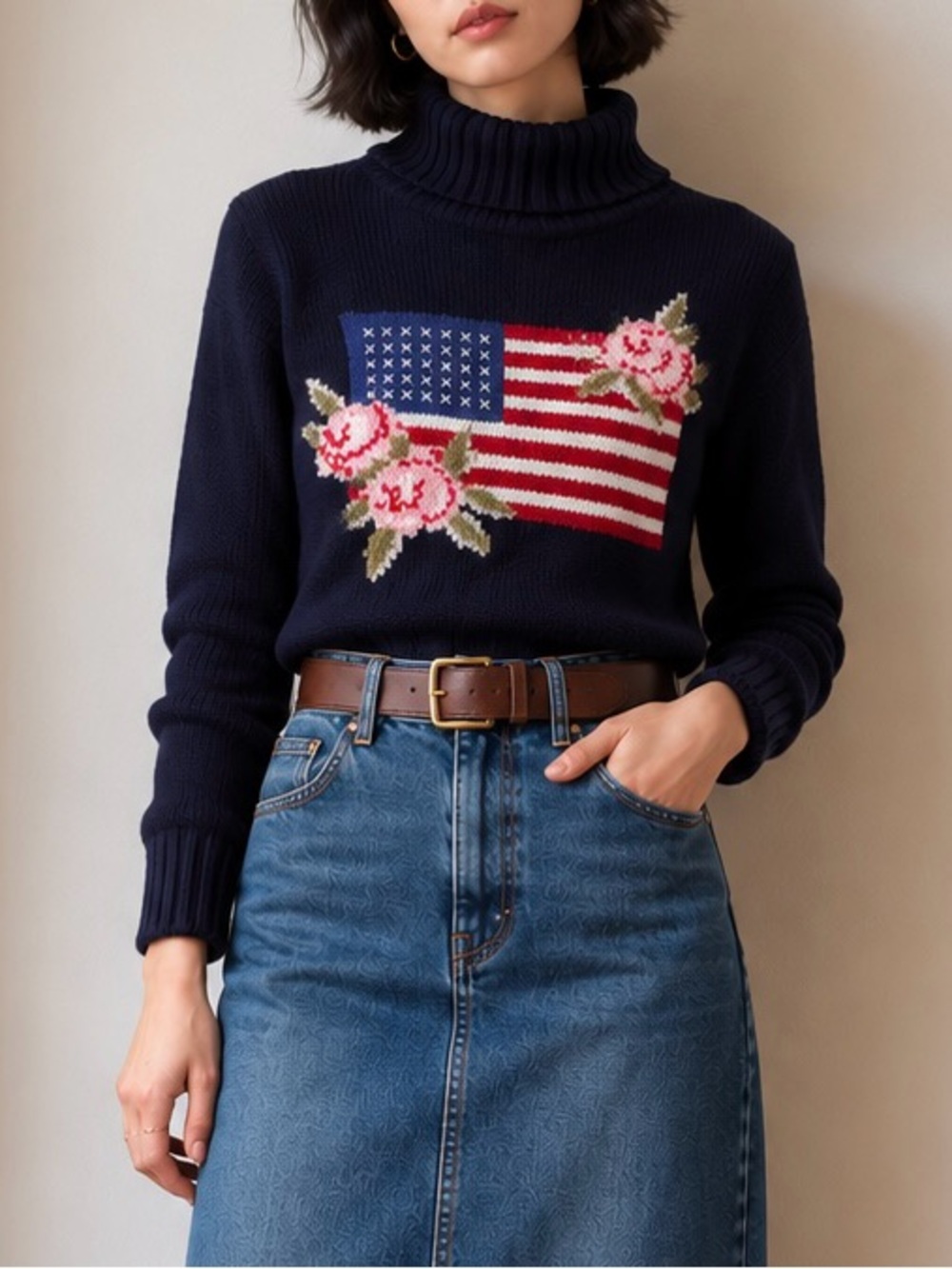 Vintage 90s Petite Sophisticate American Flag Rose Preppy Turtleneck Sweater